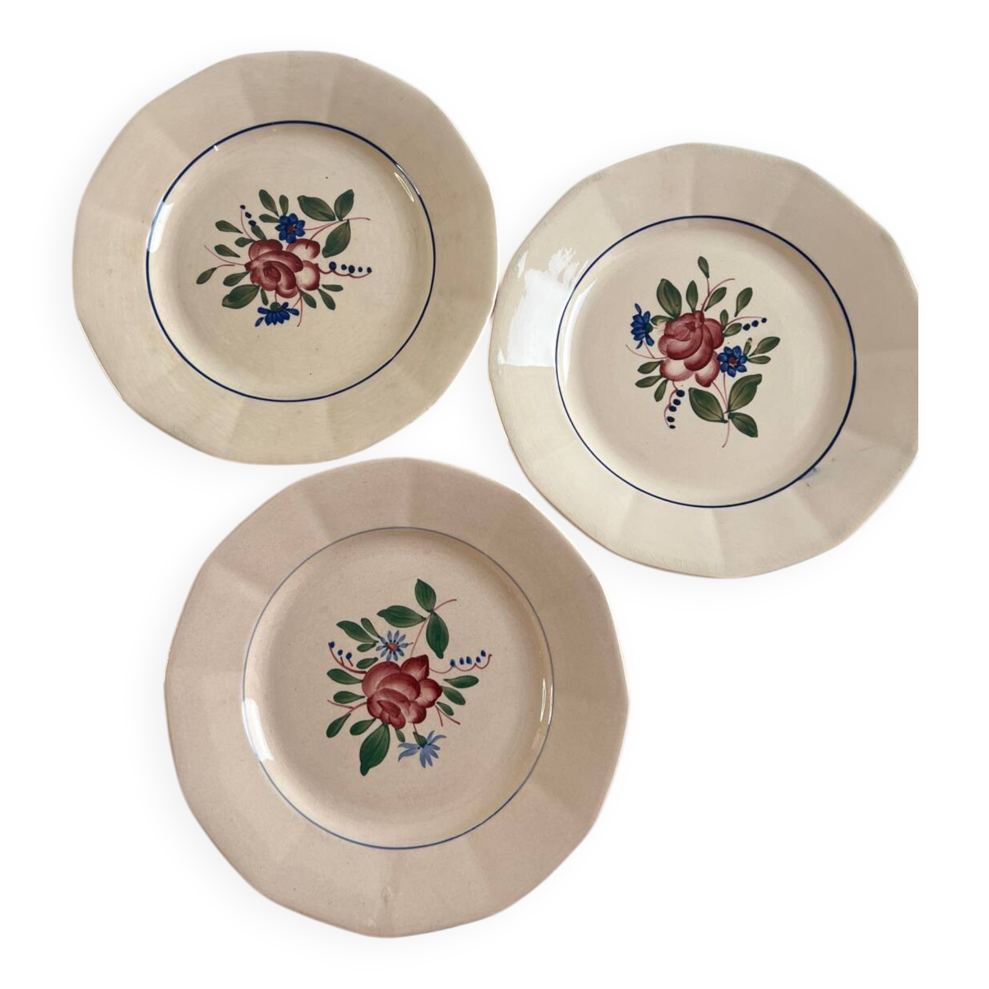 Set of 3 hand-painted flat plates from Sarreguemines