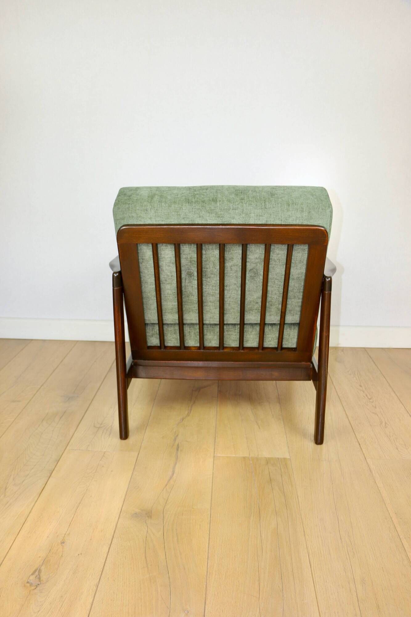 Vintage brown wooden armchair green-olive jeans design by Z. Bączyk - 2 pieces available