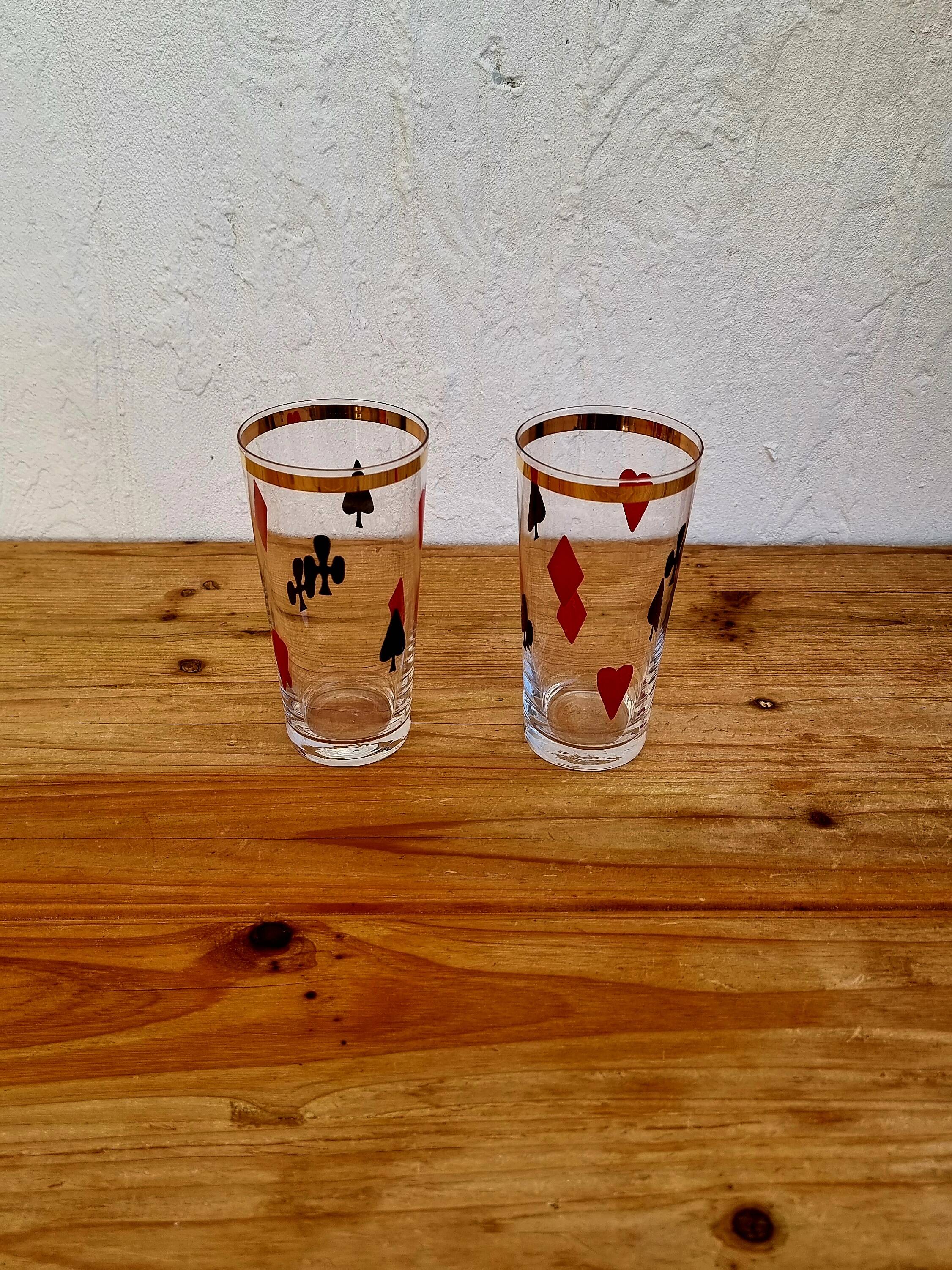 2 vintage card game pattern glasses