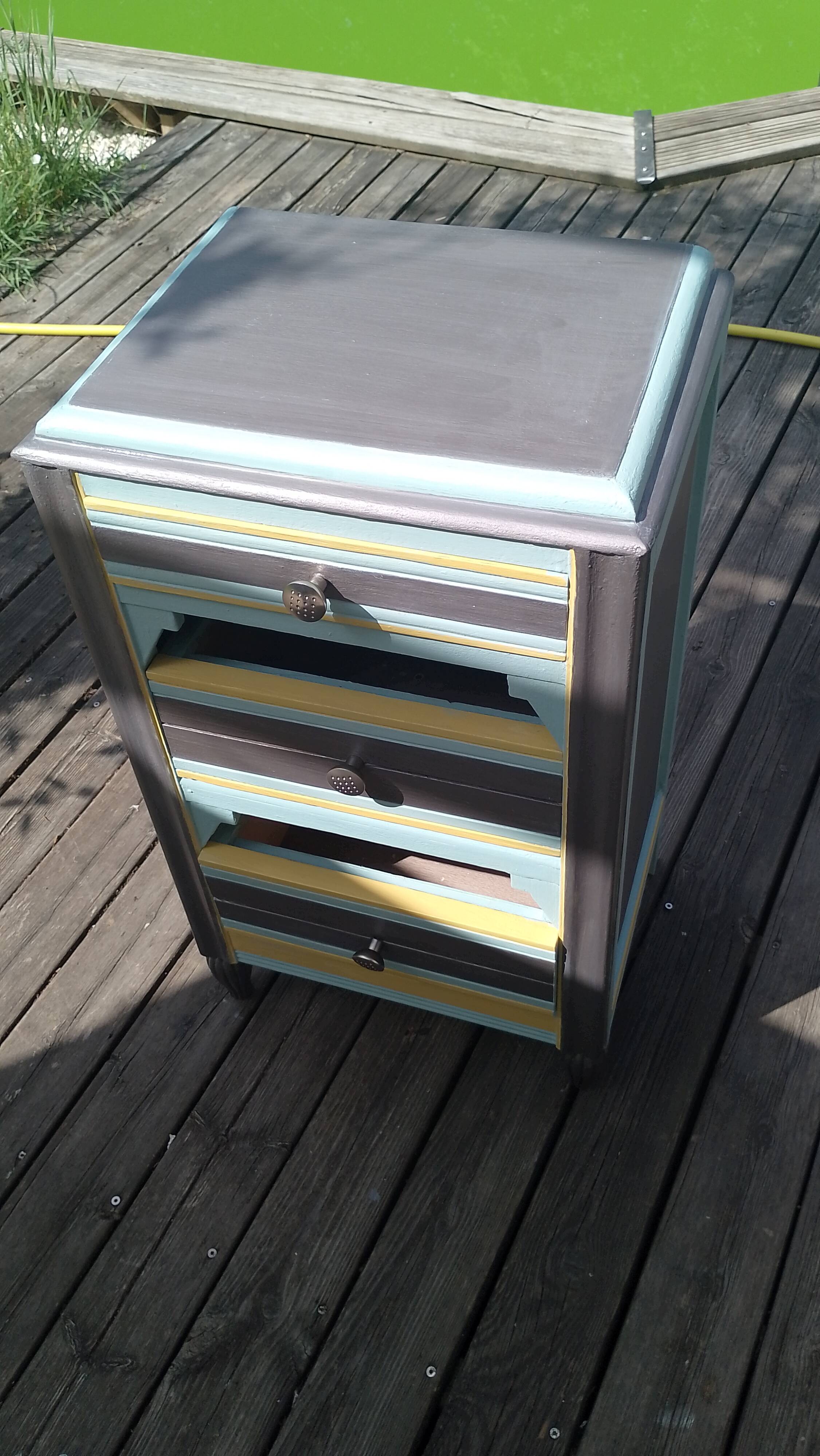 Meuble d appoint, commode 3 tiroirs, en bois, rénovée vintage