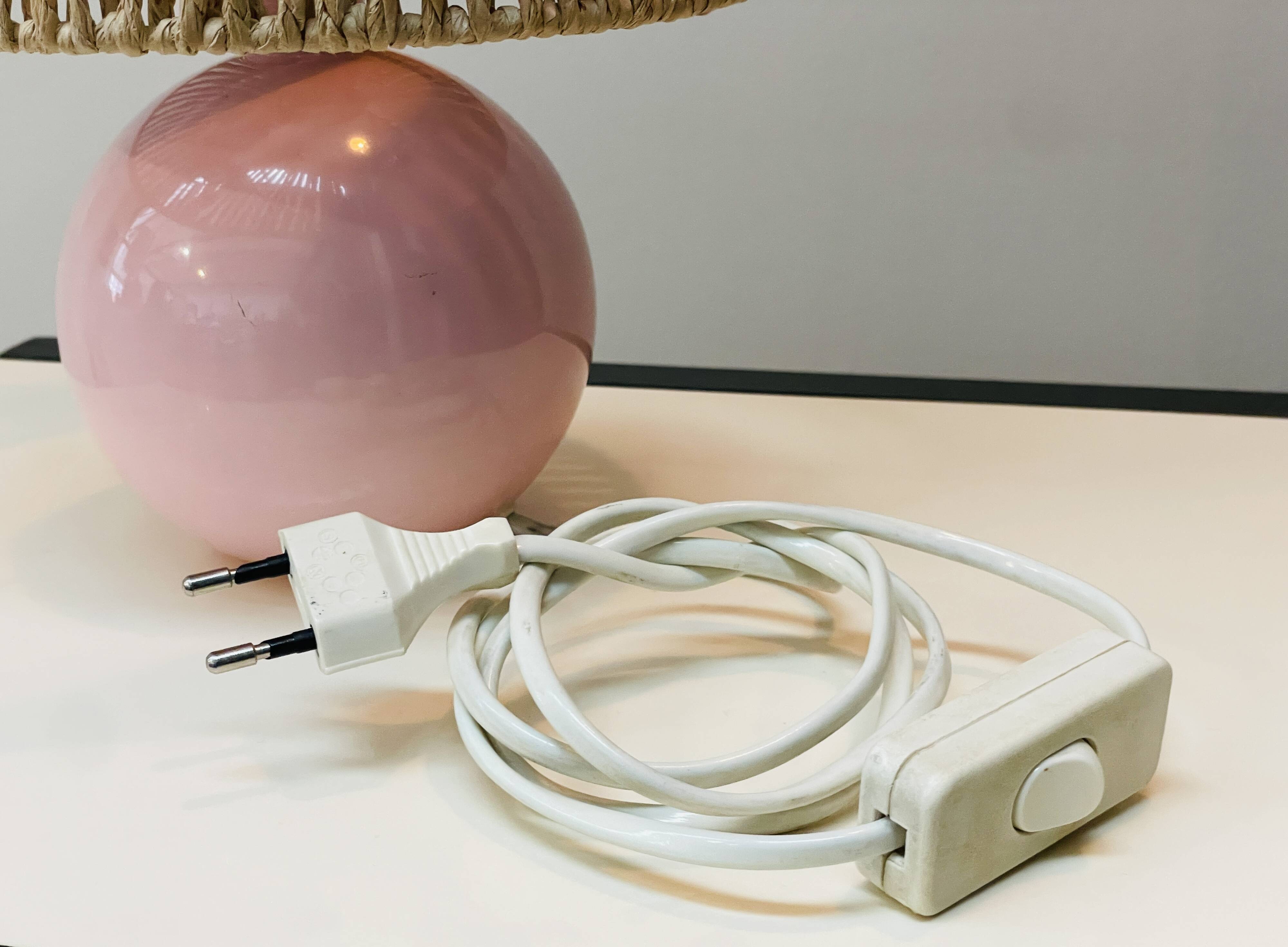 Pink Ceramic Ball Lamp - Hemp Shade - Vintage - 1980s