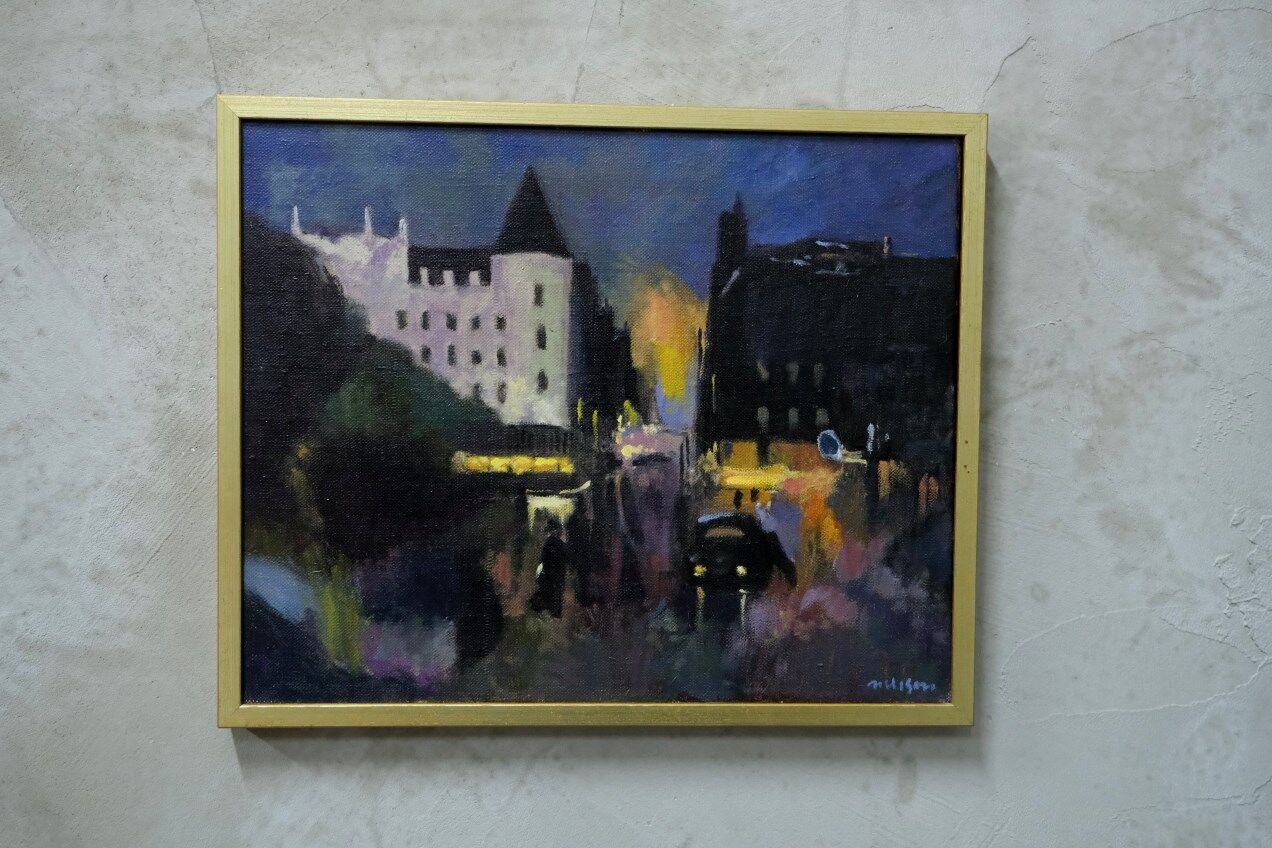 Swedish artist, scandinavian modern city landscape, 1970s, oil on canvas, signed,  framed