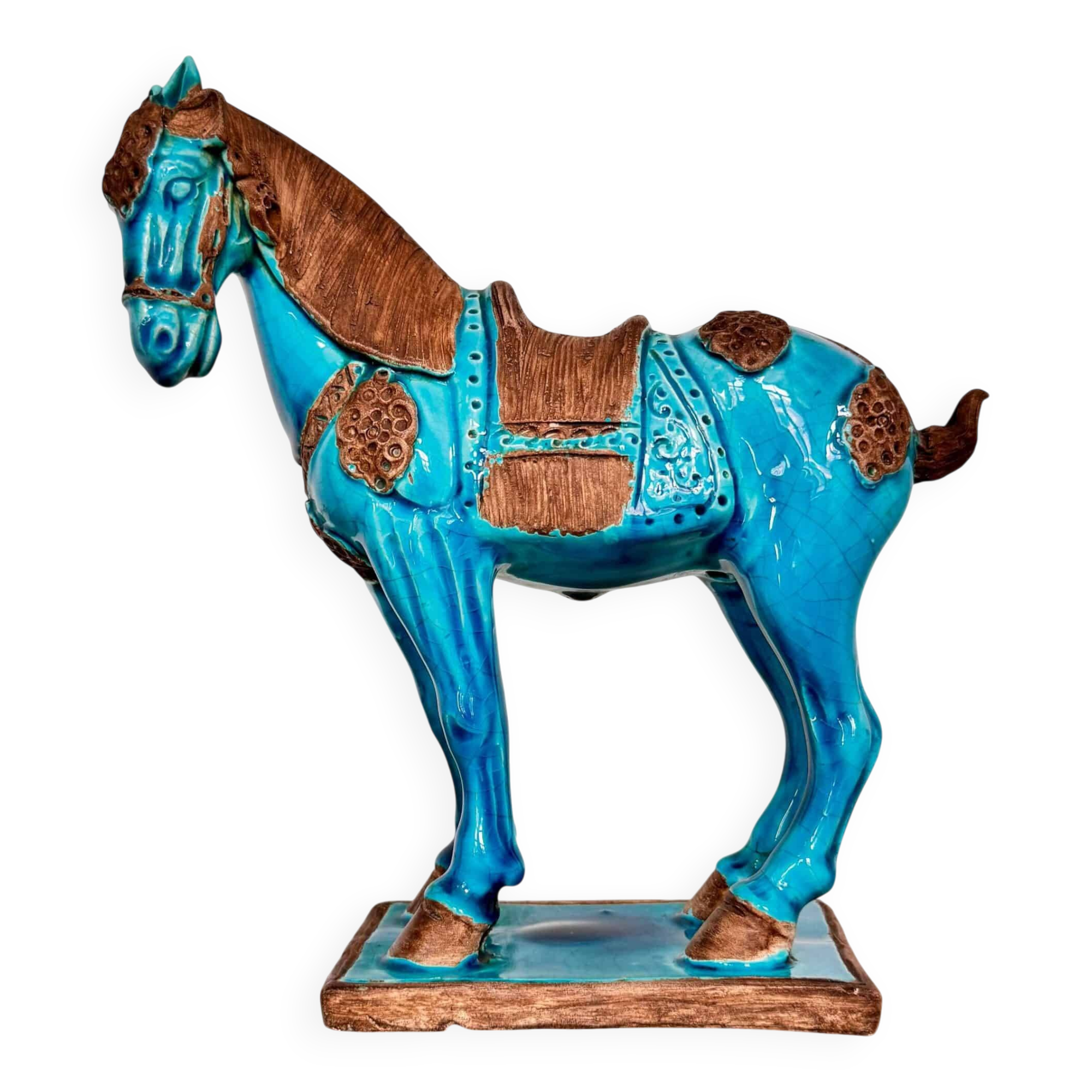 Sculpture of a Tang horse in turquoise blue earthenware