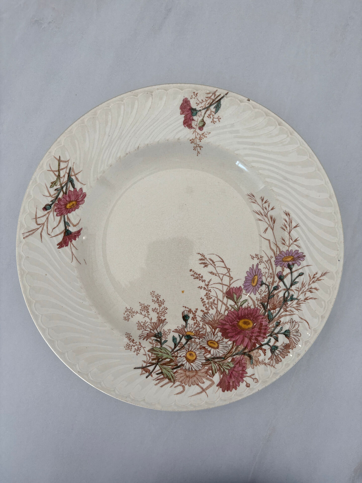 Old hollow plate, pink polychrome ironstone, KG Luneville model.