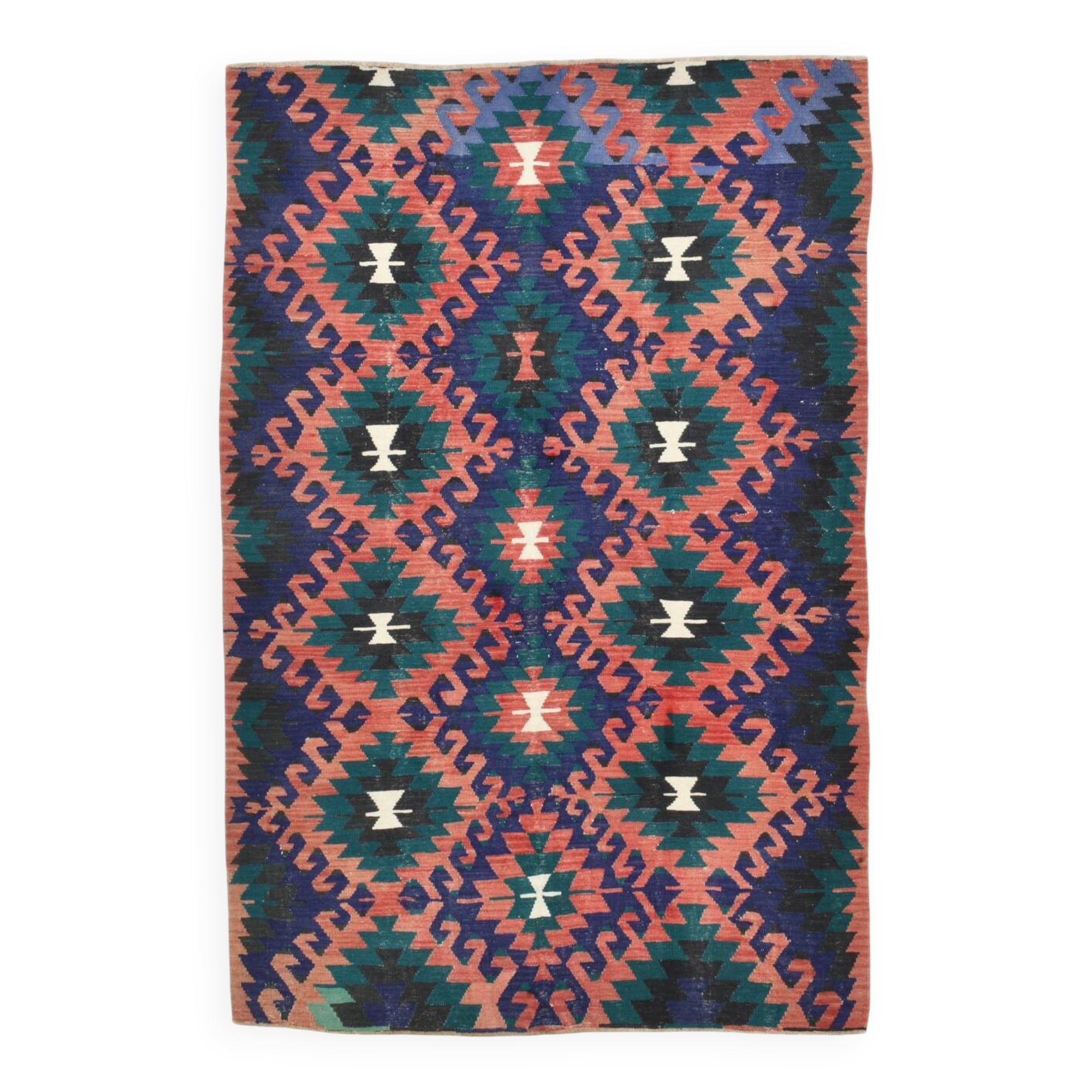 Red & Blue Geometric Vintage Kilim Rug, 158x238Cm