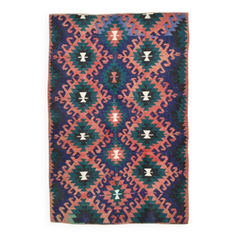 Red & Blue Geometric Vintage Kilim Rug, 158x238Cm