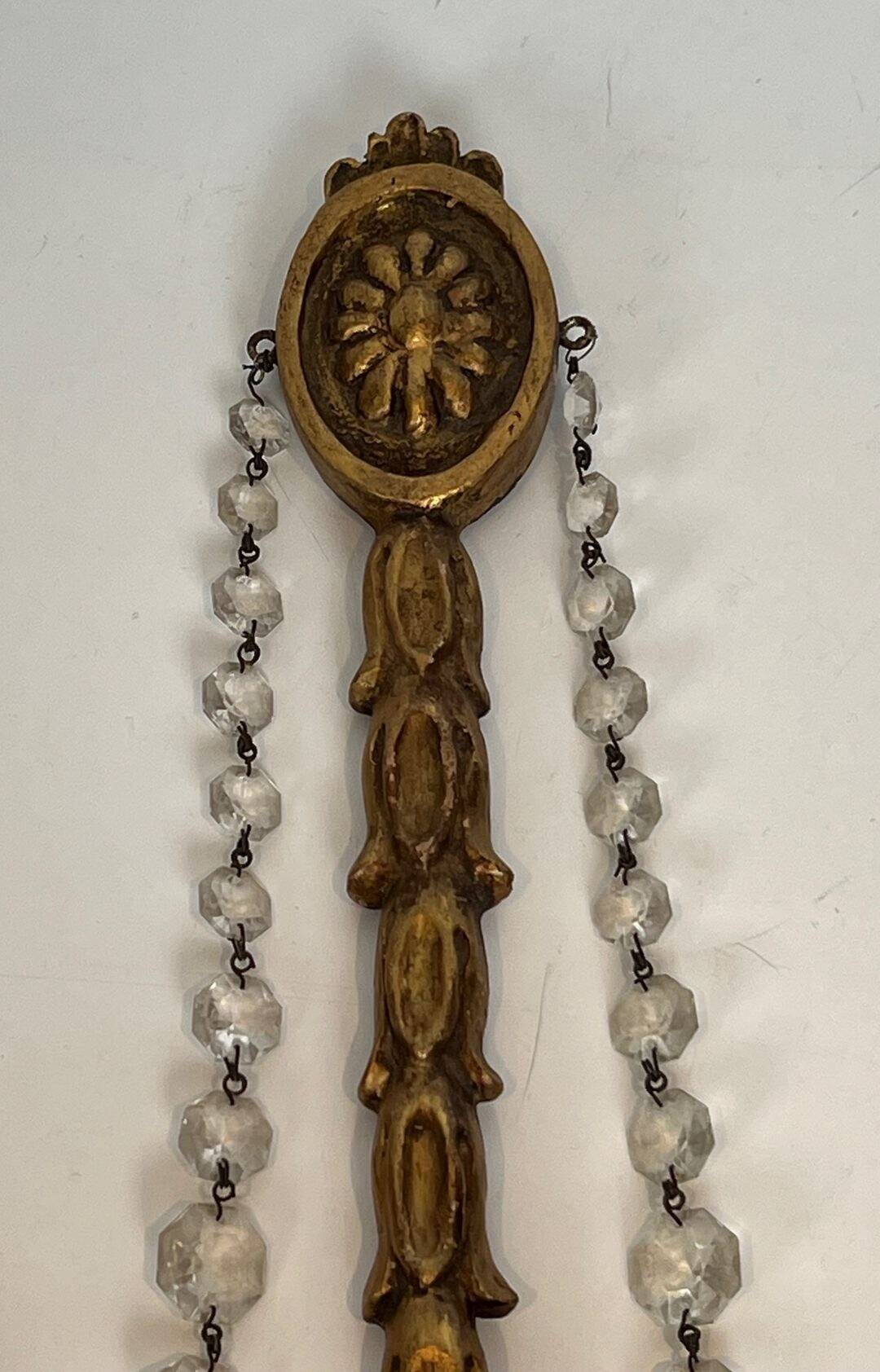 Important Pair of Gilded Carved Wood Wall Lights with Crystal Garlands