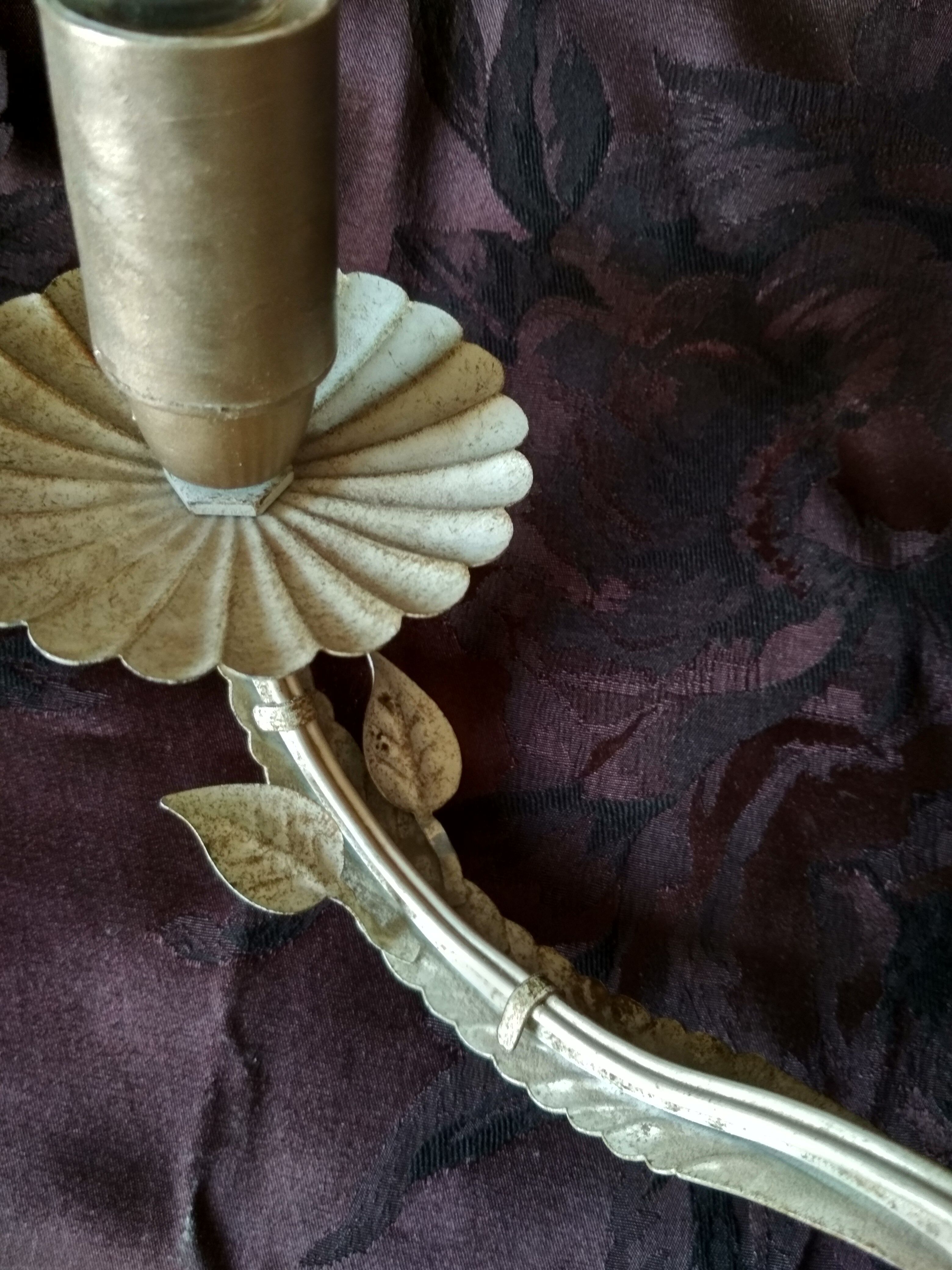 White glazed metal wall light with leaf and flower decor, 2 lights