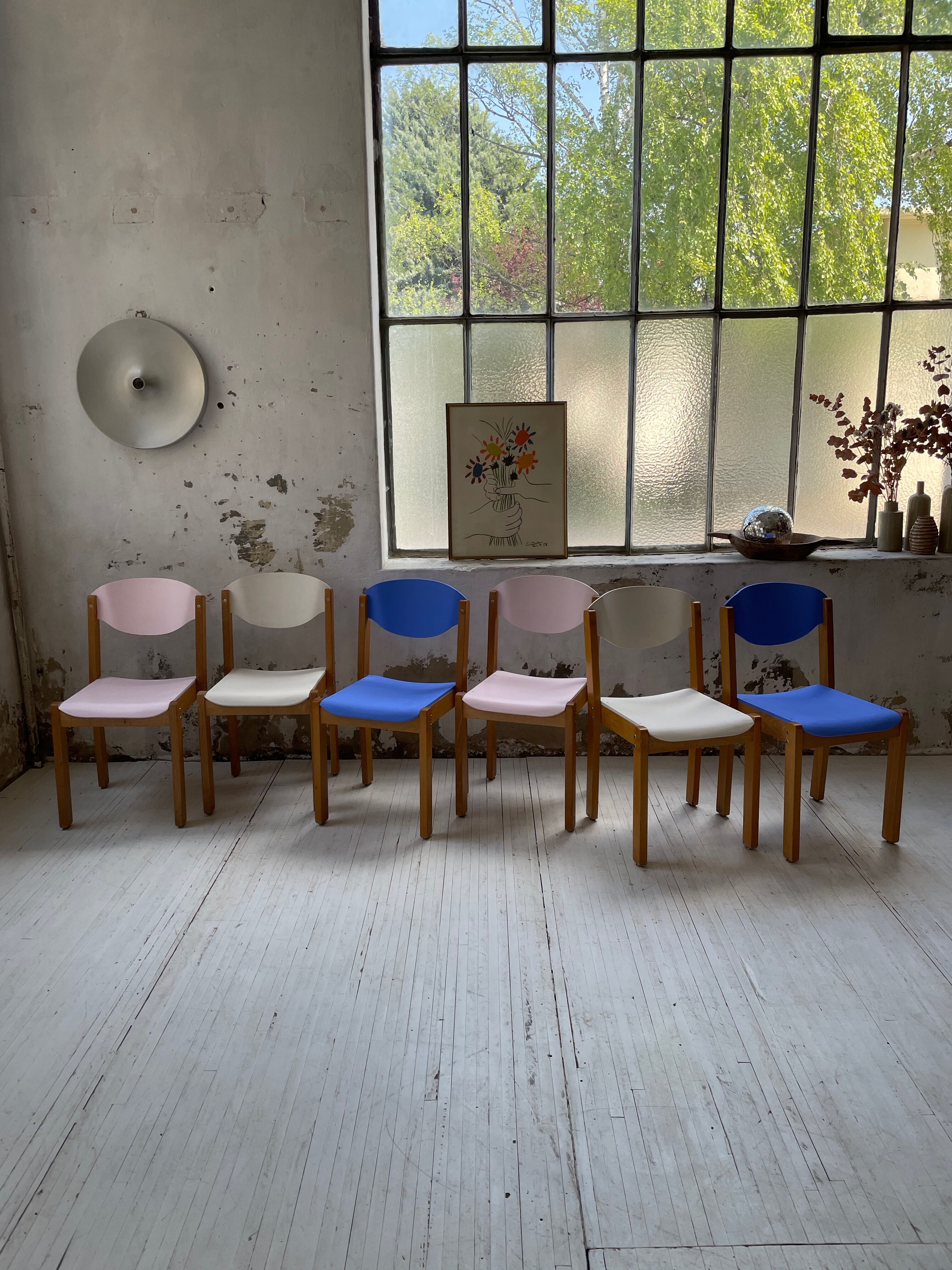 6 colorful 80s beech chairs