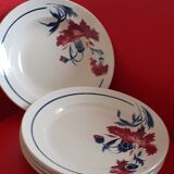 5 beige plates decorated with large red flowers years 50