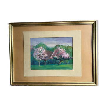 Aquarelle sur papier arbres en fleurs milieu XXe