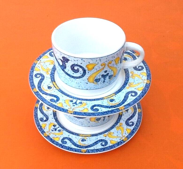 Two Real Stoneware Coffee Cups / Saucers