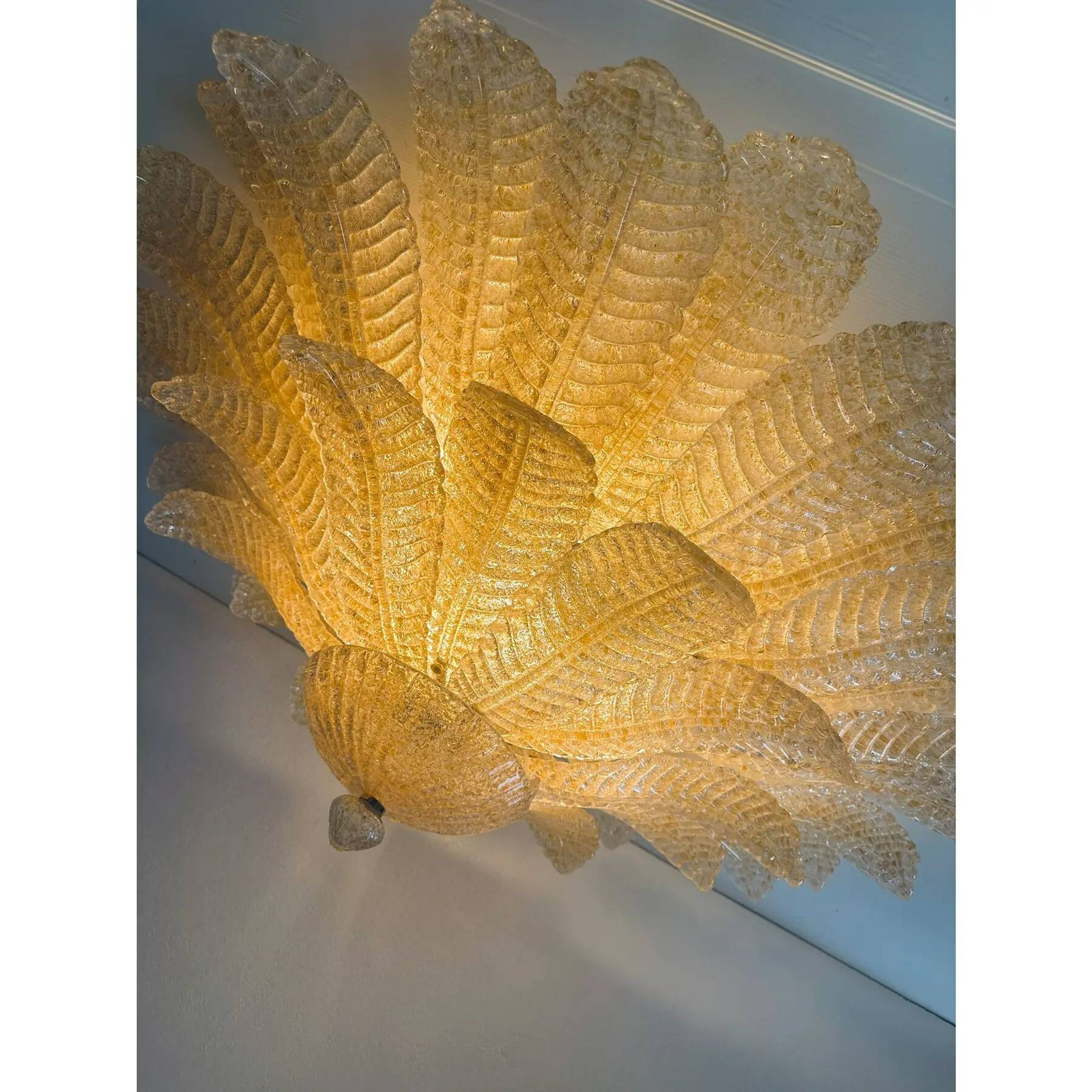Luxury Venetian Amber ” Leaves Graniglia” Murano Glass Flush Mount