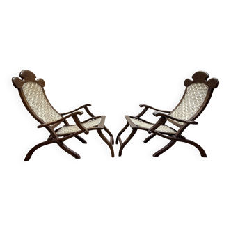 Pair of cane boat lounge chairs
