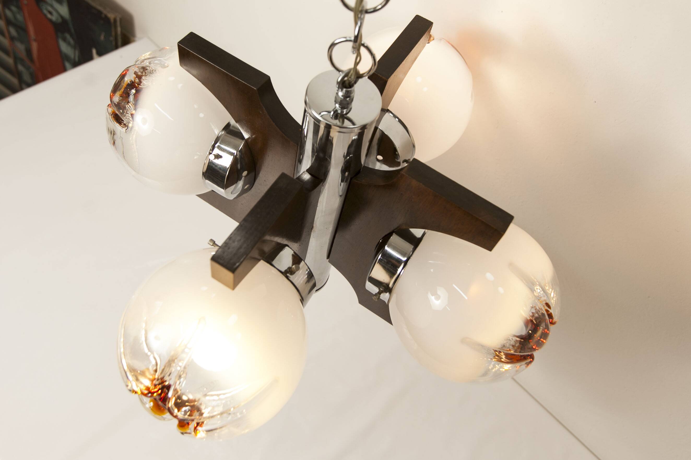 Mazzega Murano chandelier with 4 balls and teak, 1960