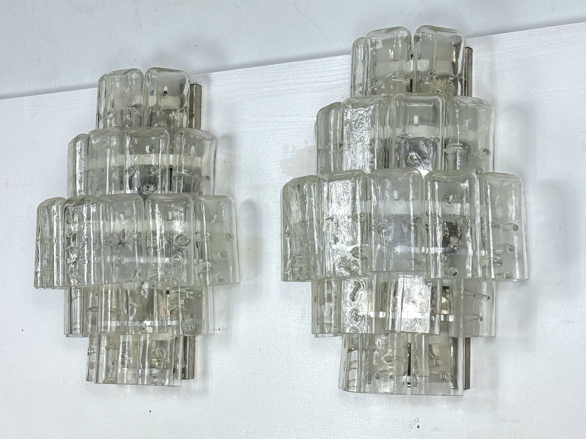Pair of XL clear murano glass elements wall lamps produced in Italy during the 70s. Attributable to