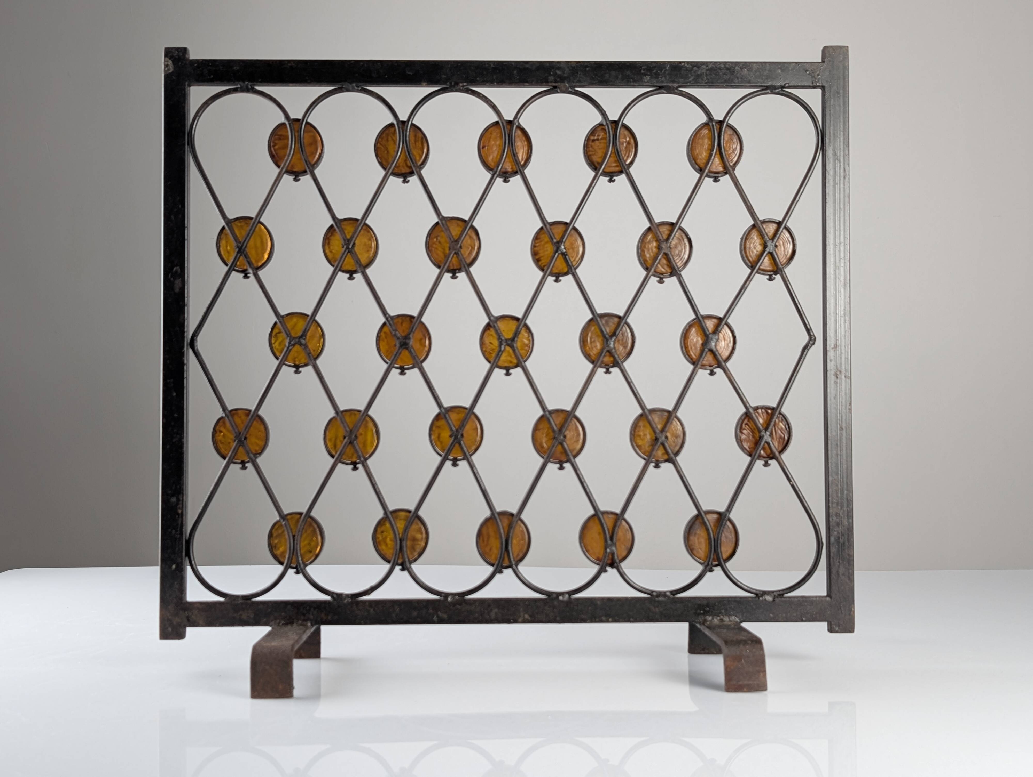Wrought Iron Fire Screen with Orange Acrylic, Mid-Century, 1960s