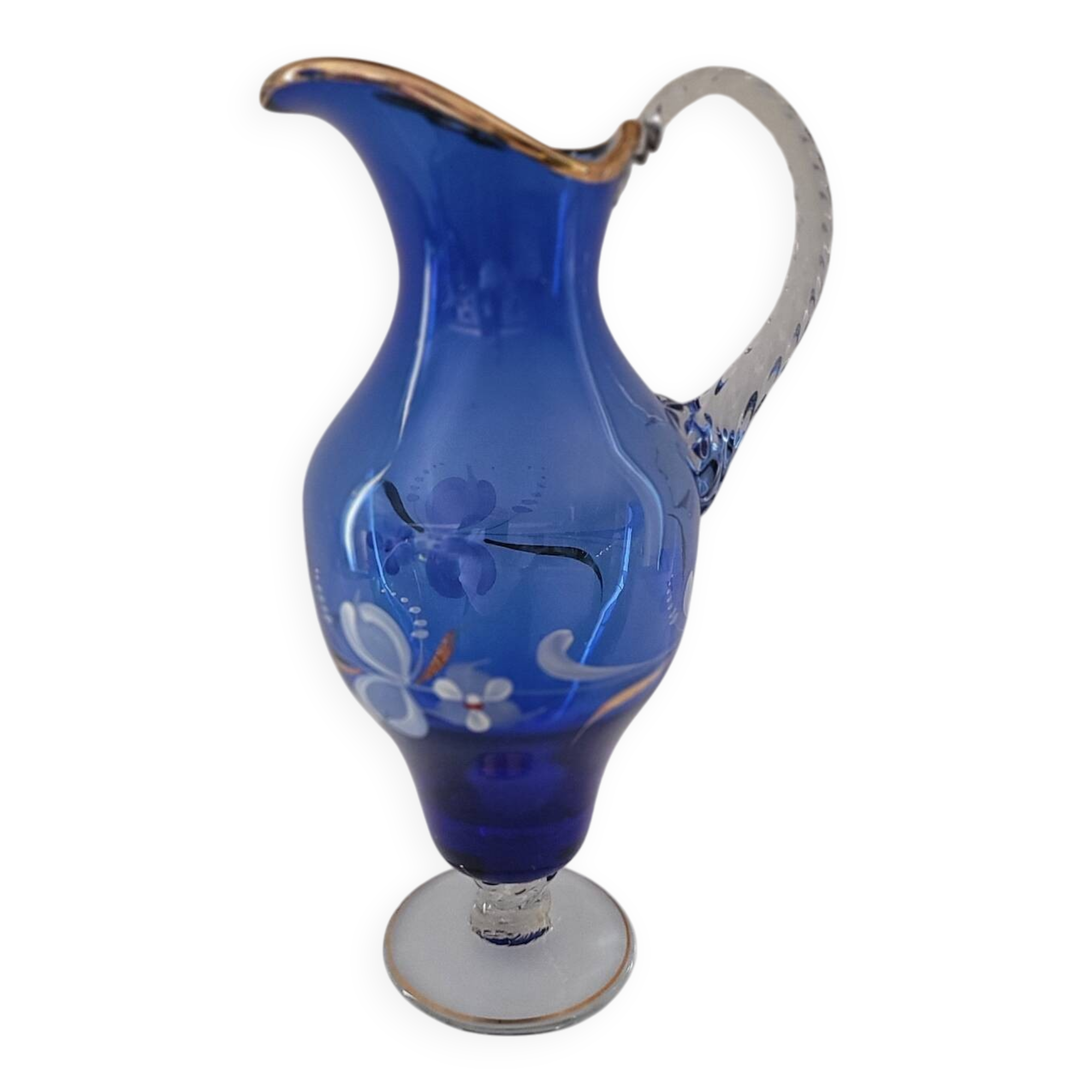Ewer/pitcher, cobalt blue glass, enameled with flowers, 1950s-60s
