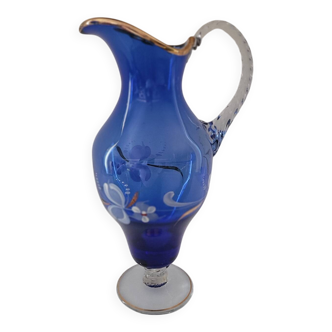 Ewer/pitcher, cobalt blue glass, enameled with flowers, 1950s-60s