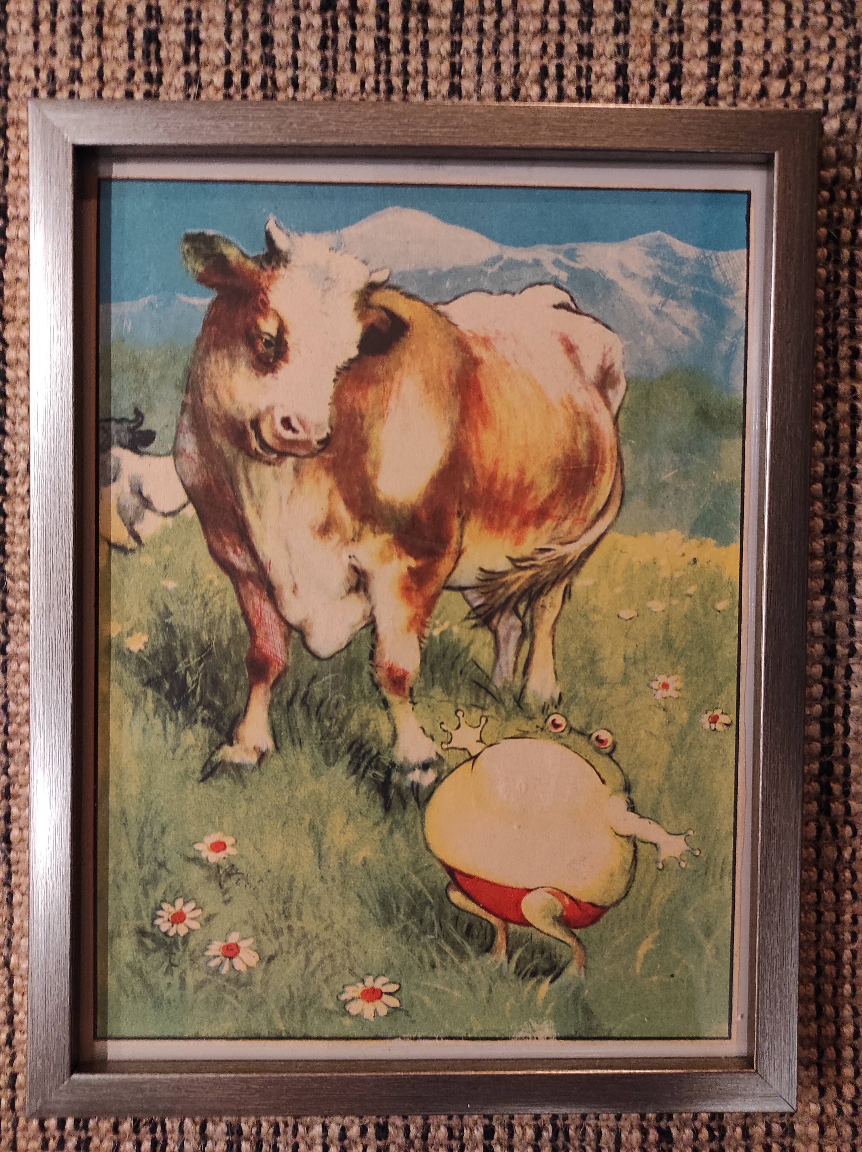 Set of 5 illustrations framed in glass the Fables of La Fontaine