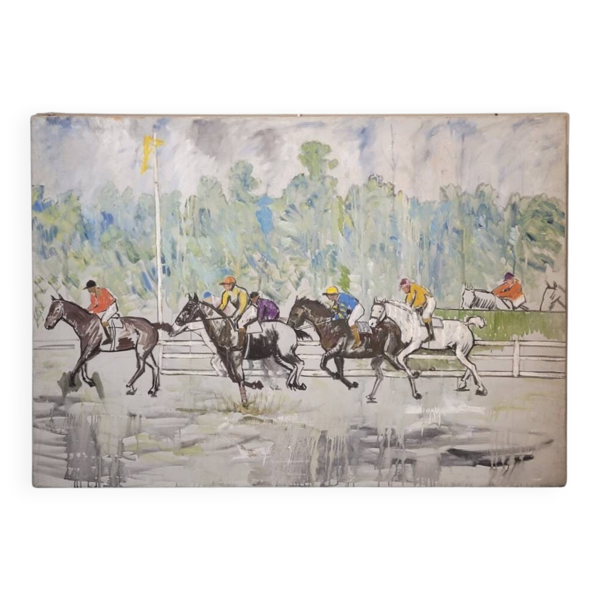 Acrílico sobre lienzo “Carrera de caballos”, León Lafourcade, ff. s. XIX