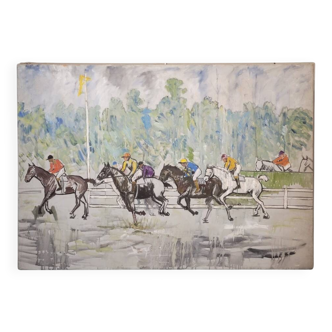 Acrílico sobre lienzo “Carrera de caballos”, León Lafourcade, ff. s. XIX