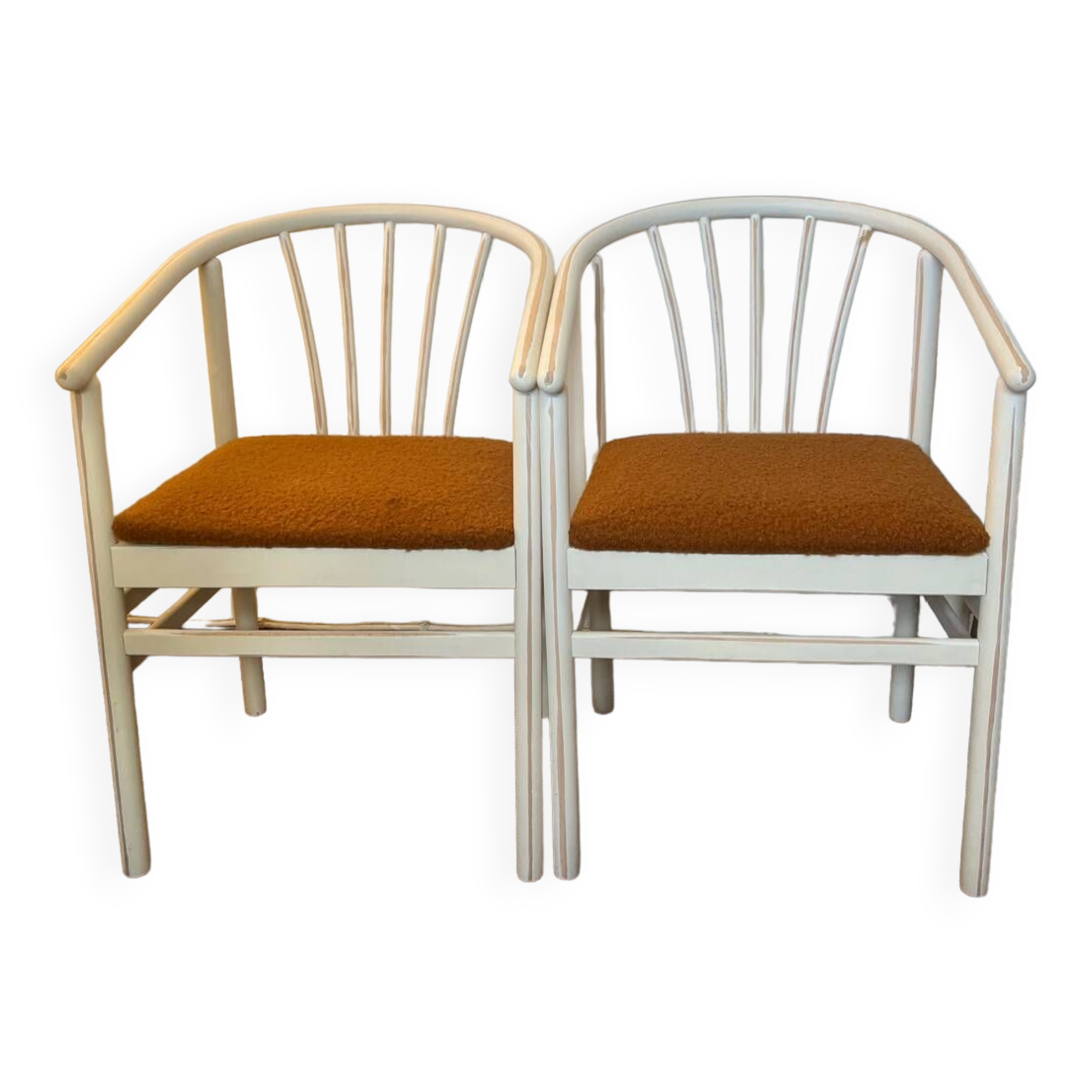 Pair of vintage wood and loop wool armchairs