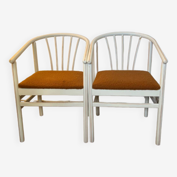 Pair of vintage wood and loop wool armchairs