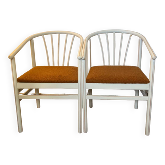 Pair of vintage wood and loop wool armchairs