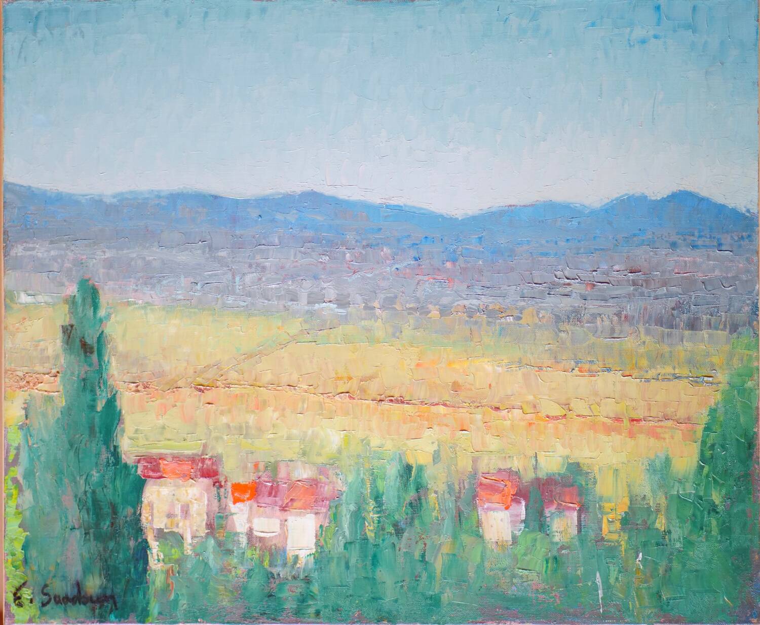 Blue and yellow hills, oil on canvas signed