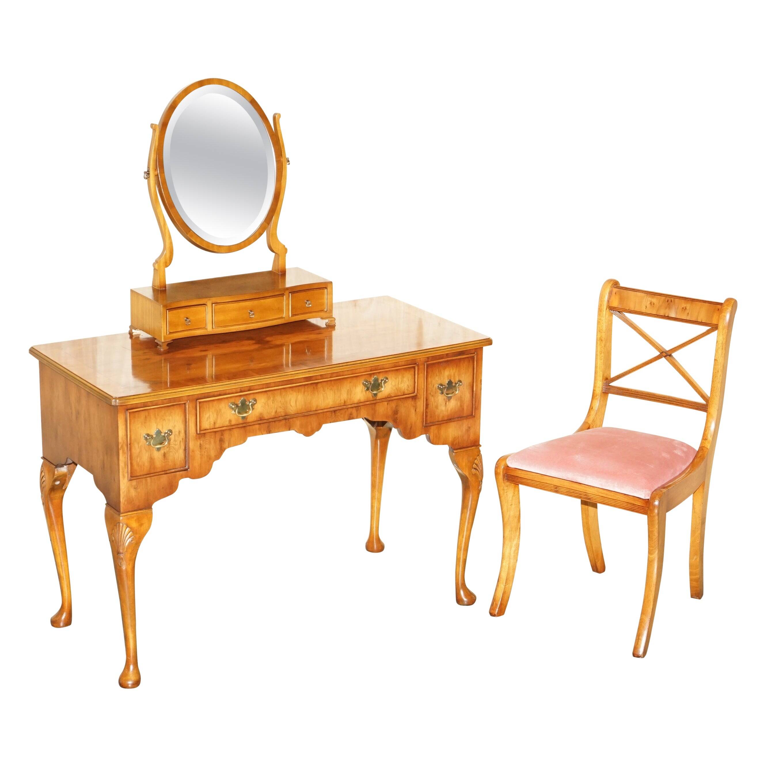 Vintage English walnut burr dressing table with mirror and chair.