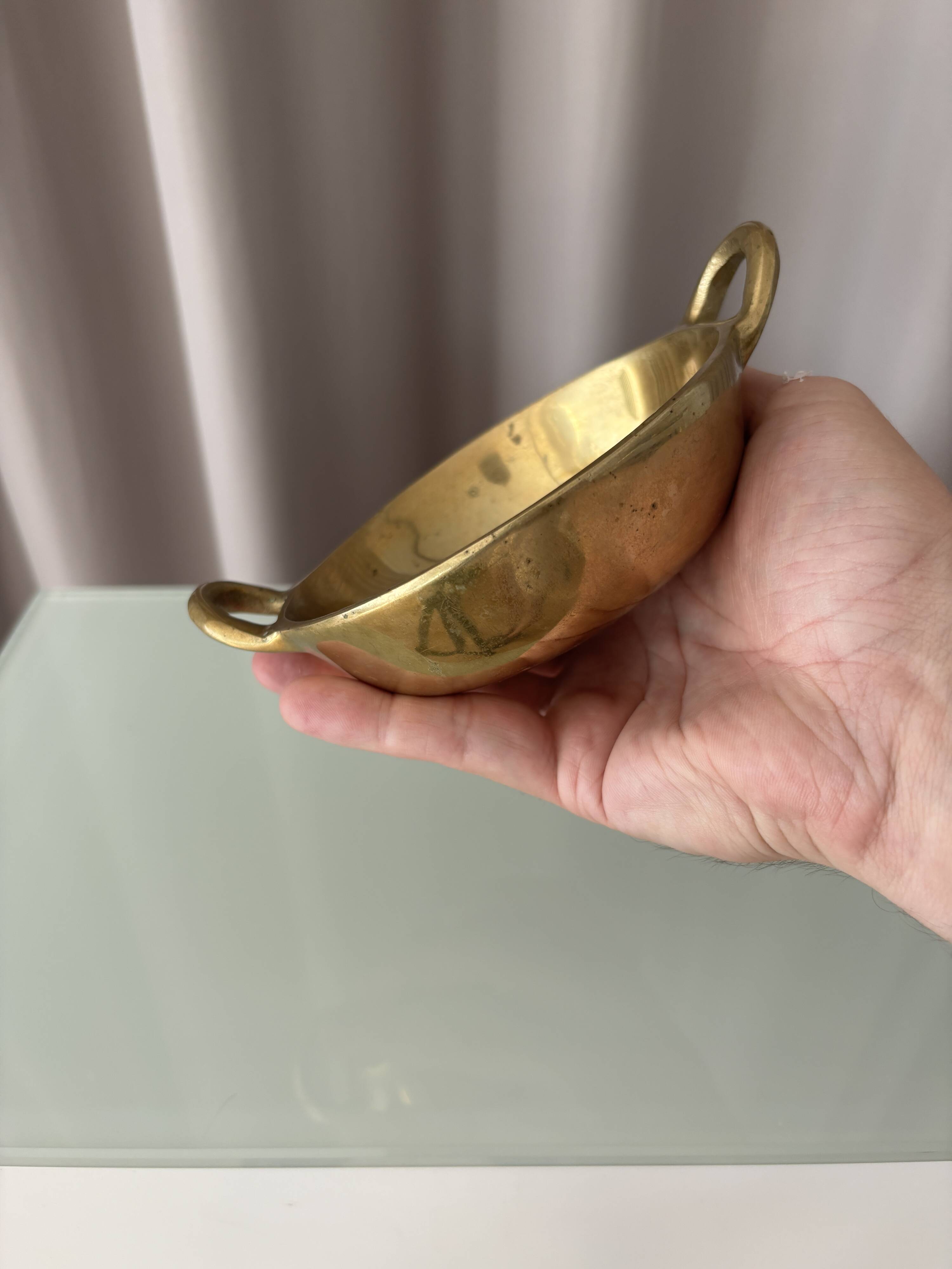 Vintage Solid Brass Catchall Bowl with Loop Handles, 1960s