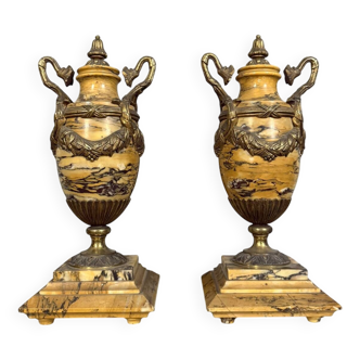 Pair of large Empire covered pots or cassolettes in Siena marble