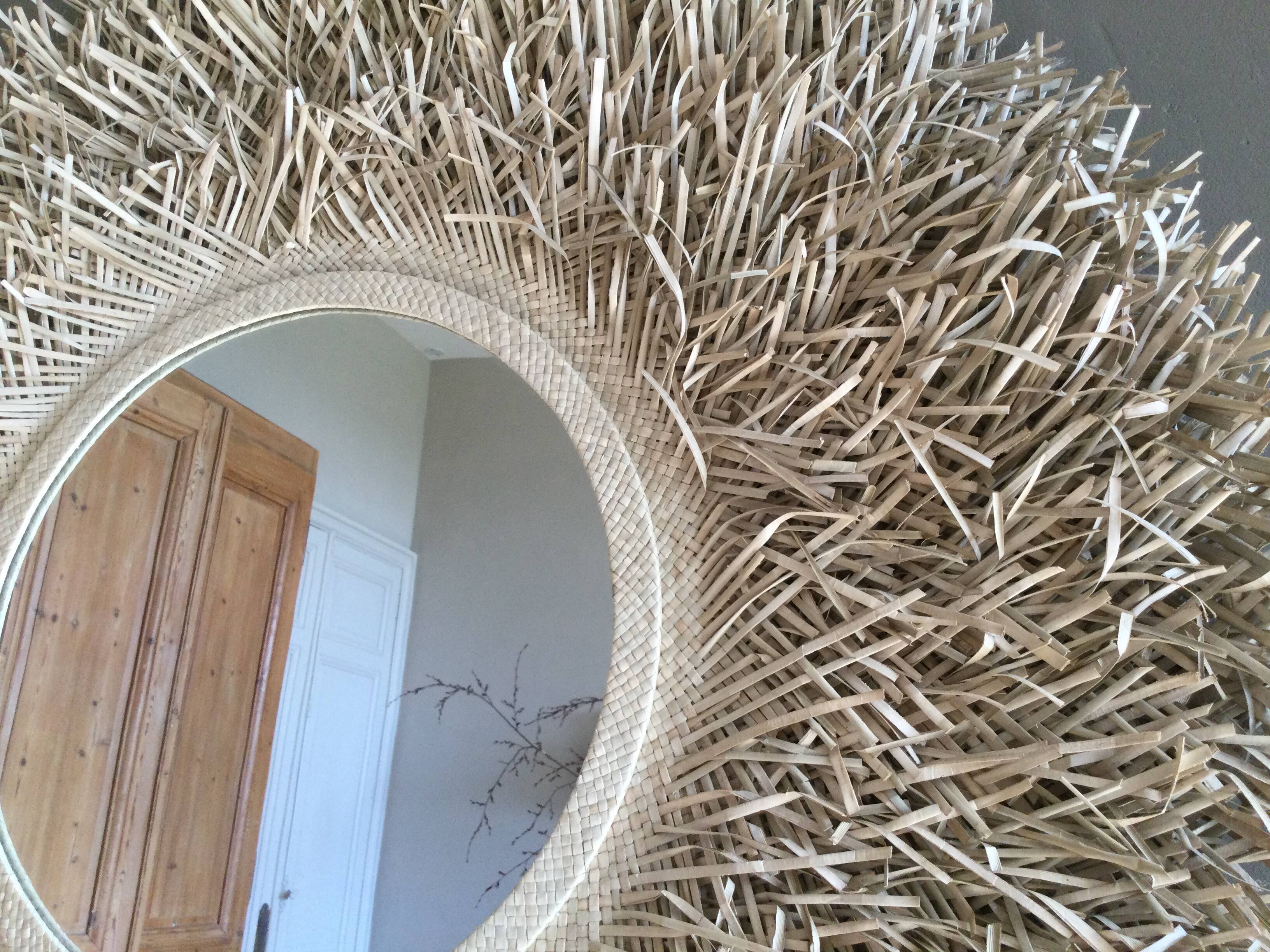 Large round straw mirror