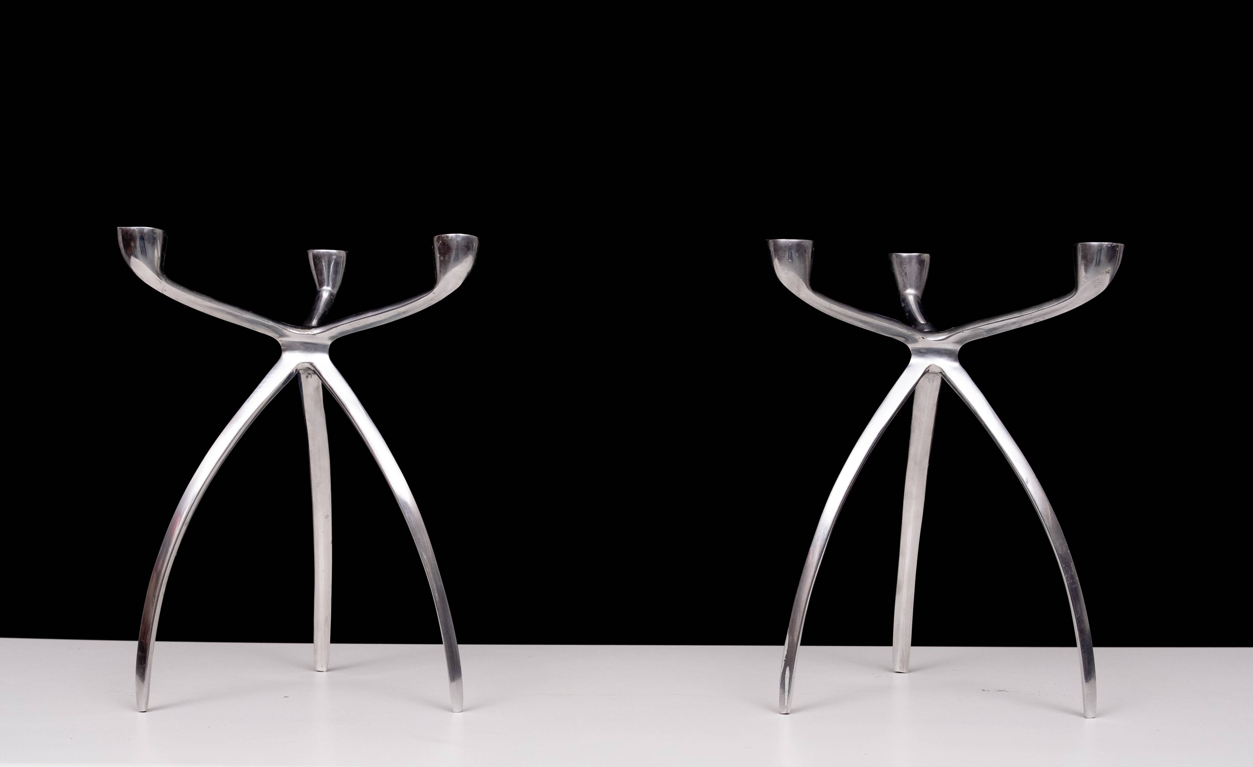 Pair aluminum 3 arms spider candle sticks de bijenkorf 1970s