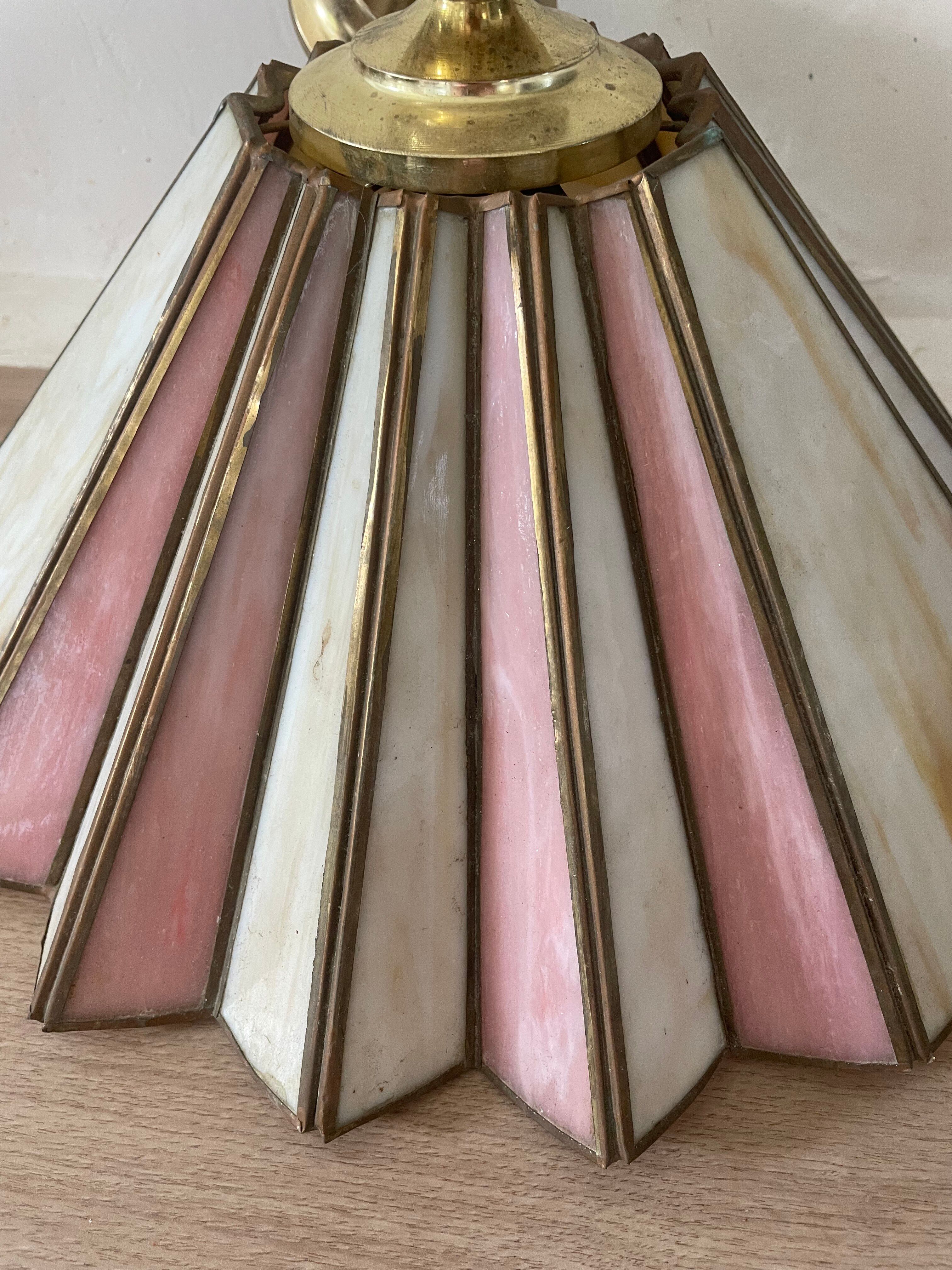 Vintage Tiffany suspension style, two-tone glass shade.