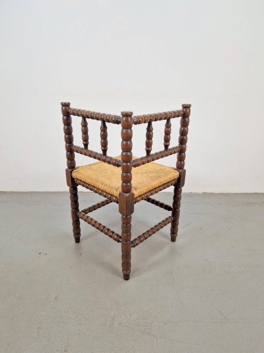 Mid-Century Modern Arts and Craft Style Bobbin Corner Chair in Oak with Rush Seat, 1950s