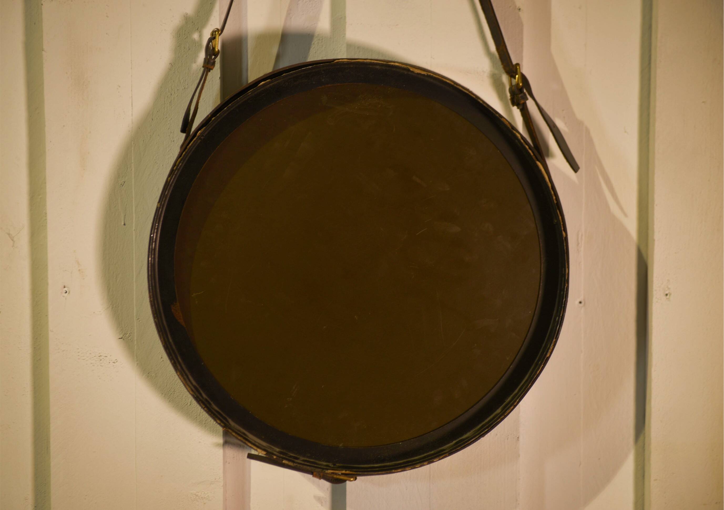 Black leather mirror by Jacques Adnet 1950s