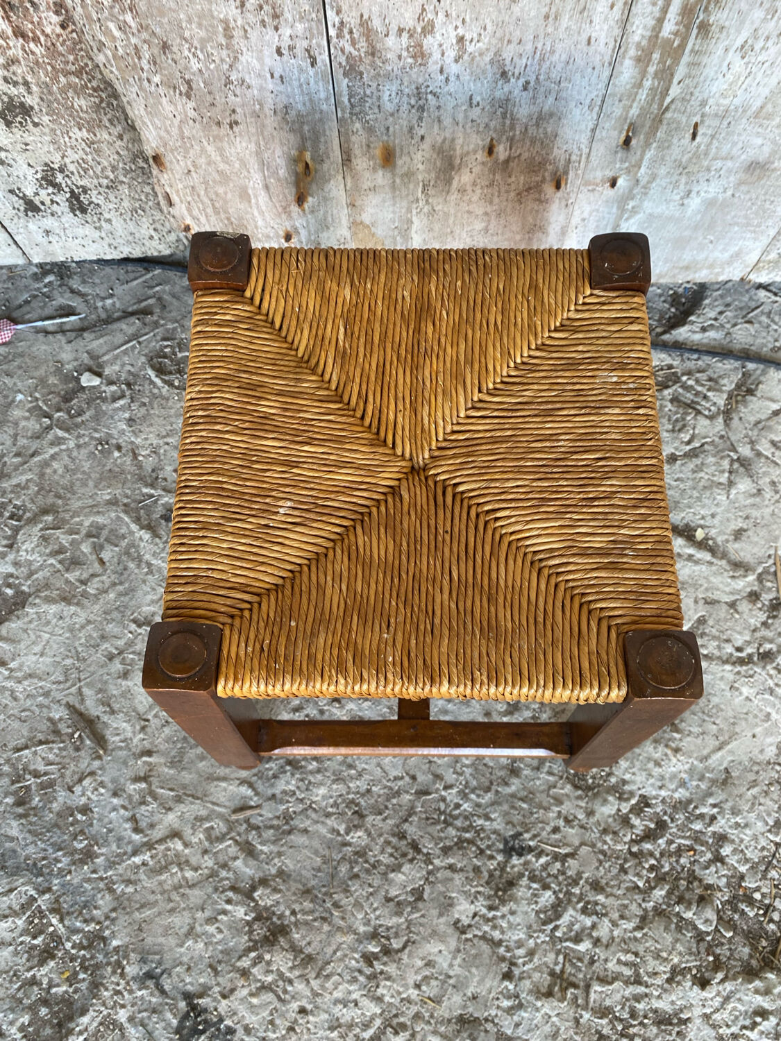 Old Trapezoid Stool Wood + Woven Straw Seat #D823