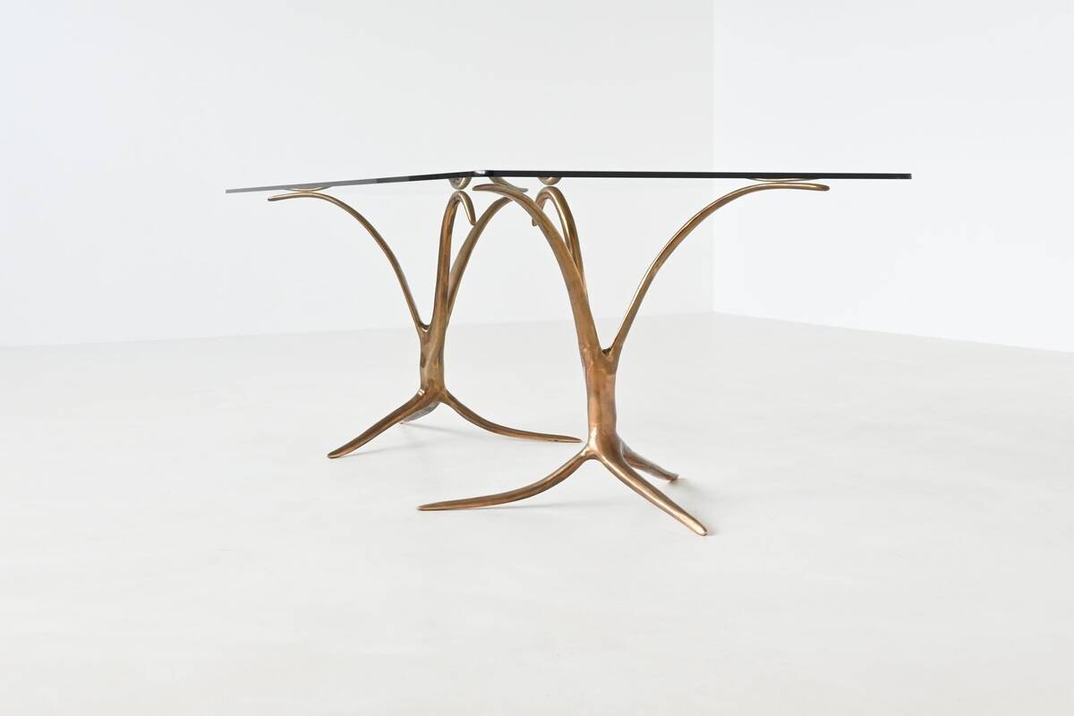 Unique sculptural dining table in bronze and glass, Belgium 1970.