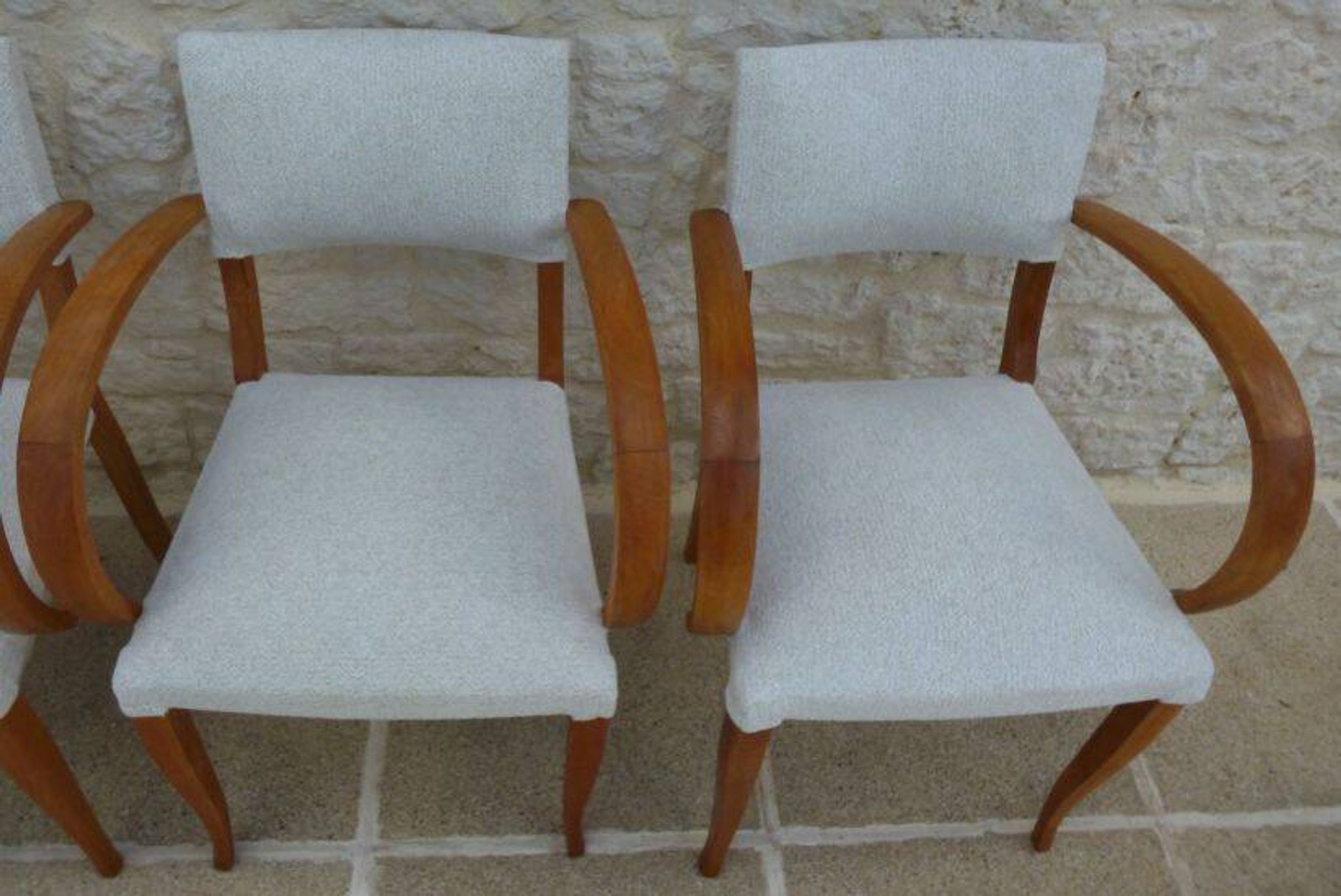 Fauteuils bridges chic année 50 en bois massif   blanc beige cousus main
