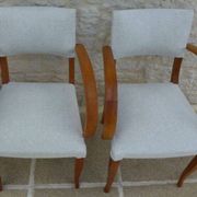 Fauteuils bridges chic année 50 en bois massif   blanc beige cousus main