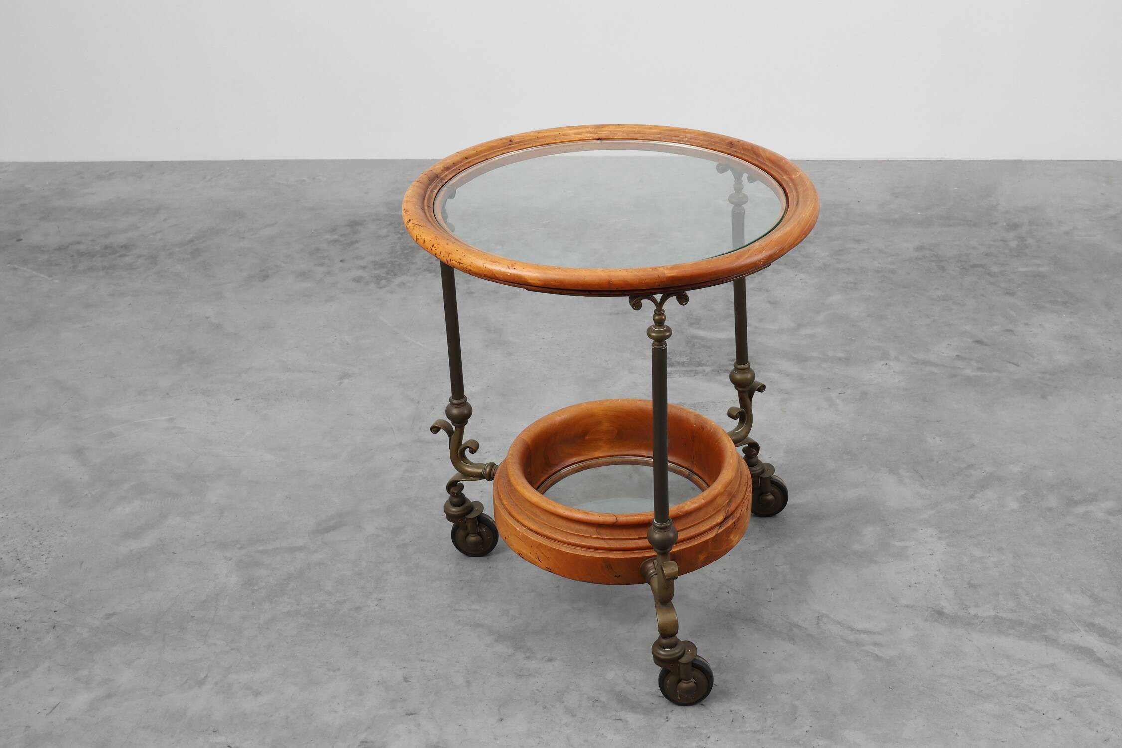Rustic Copper and Walnut Serving Trolley with Glass Top, France ca. 1900