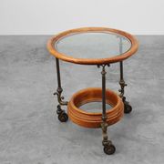 Chariot de service en cuivre, noyer et verre, France vers 1900