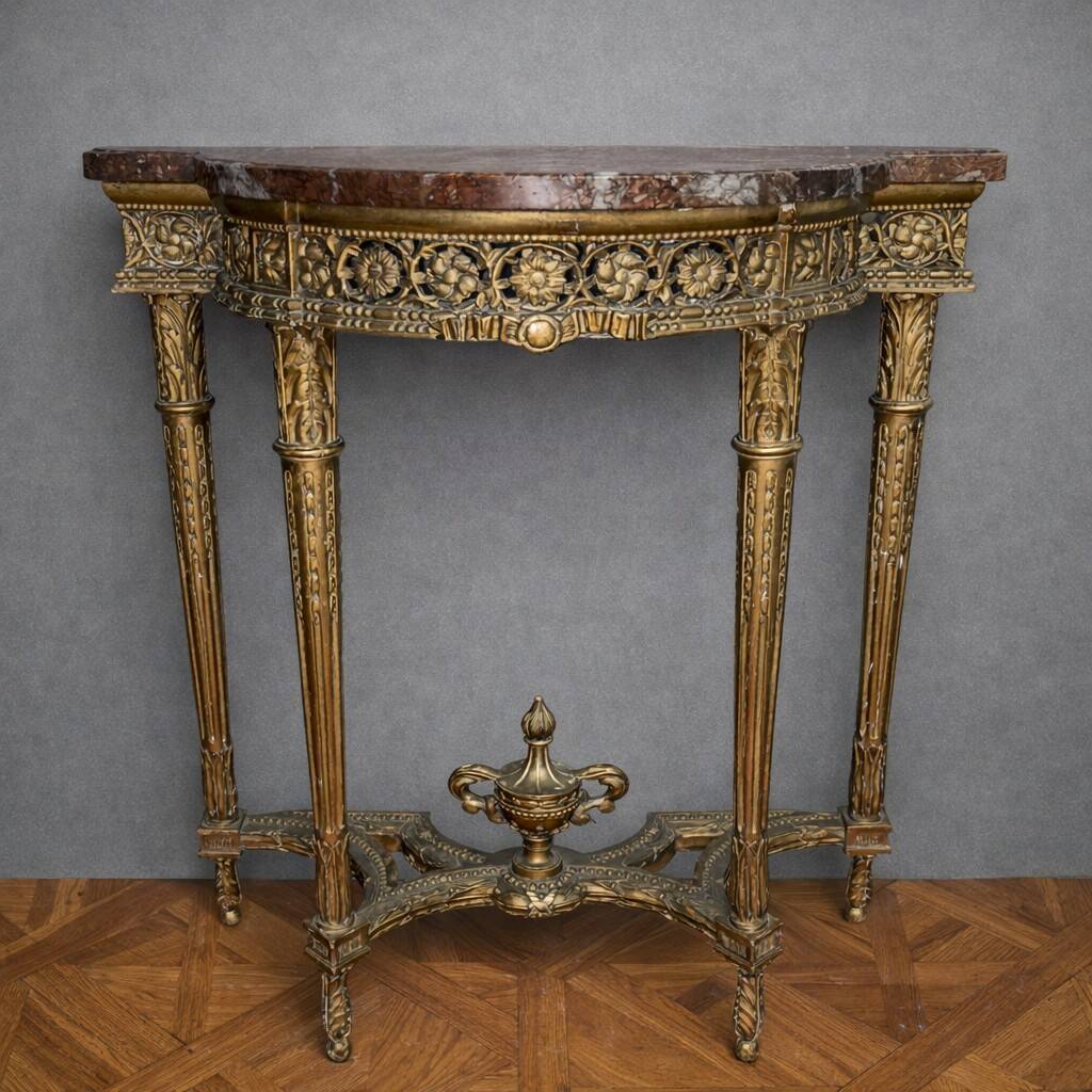 Louis XVI style demi-lune console – carved wood and marble top