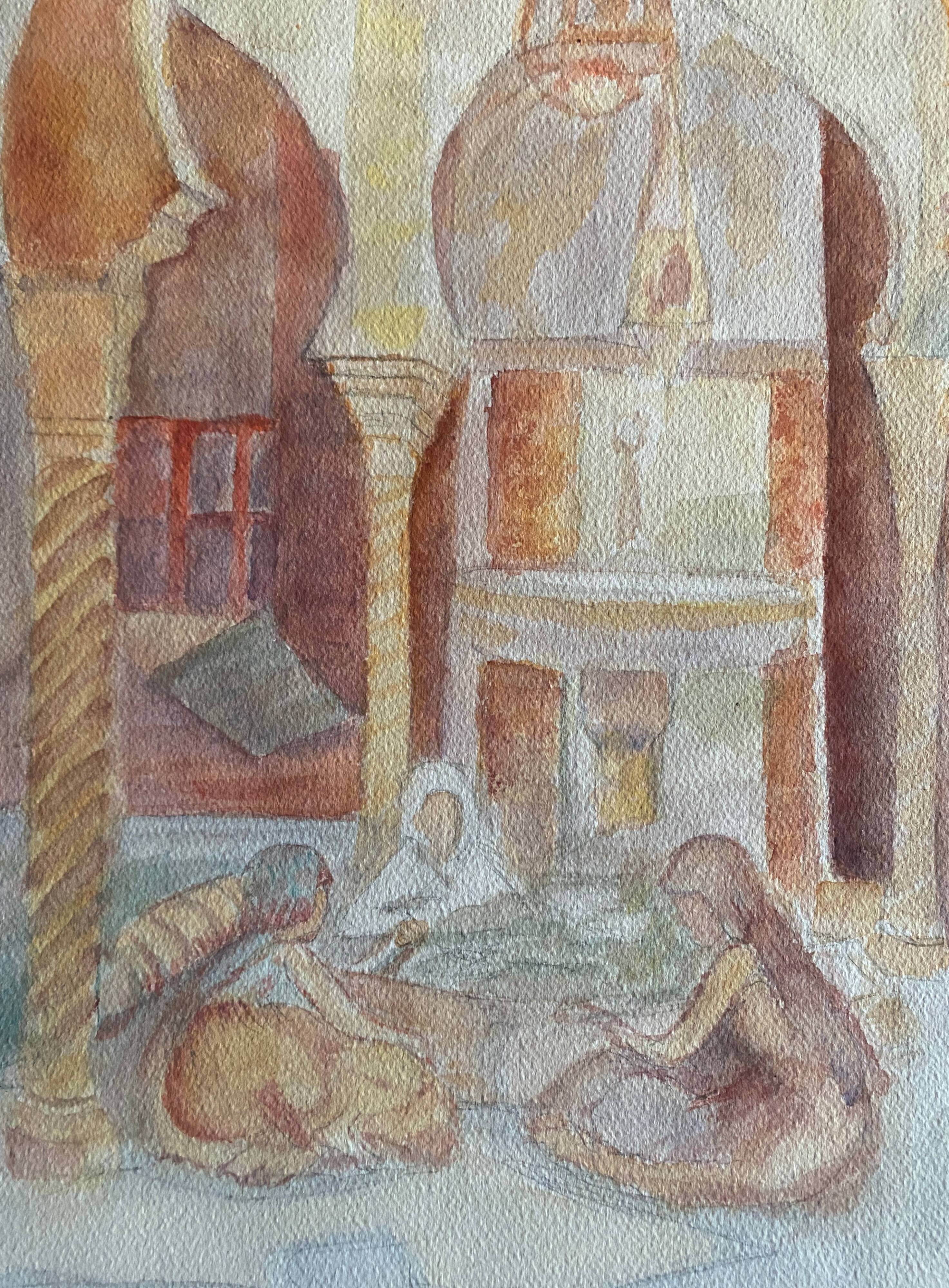 Original watercolor painting "Orientalist Medersa View" signed Rose Picard