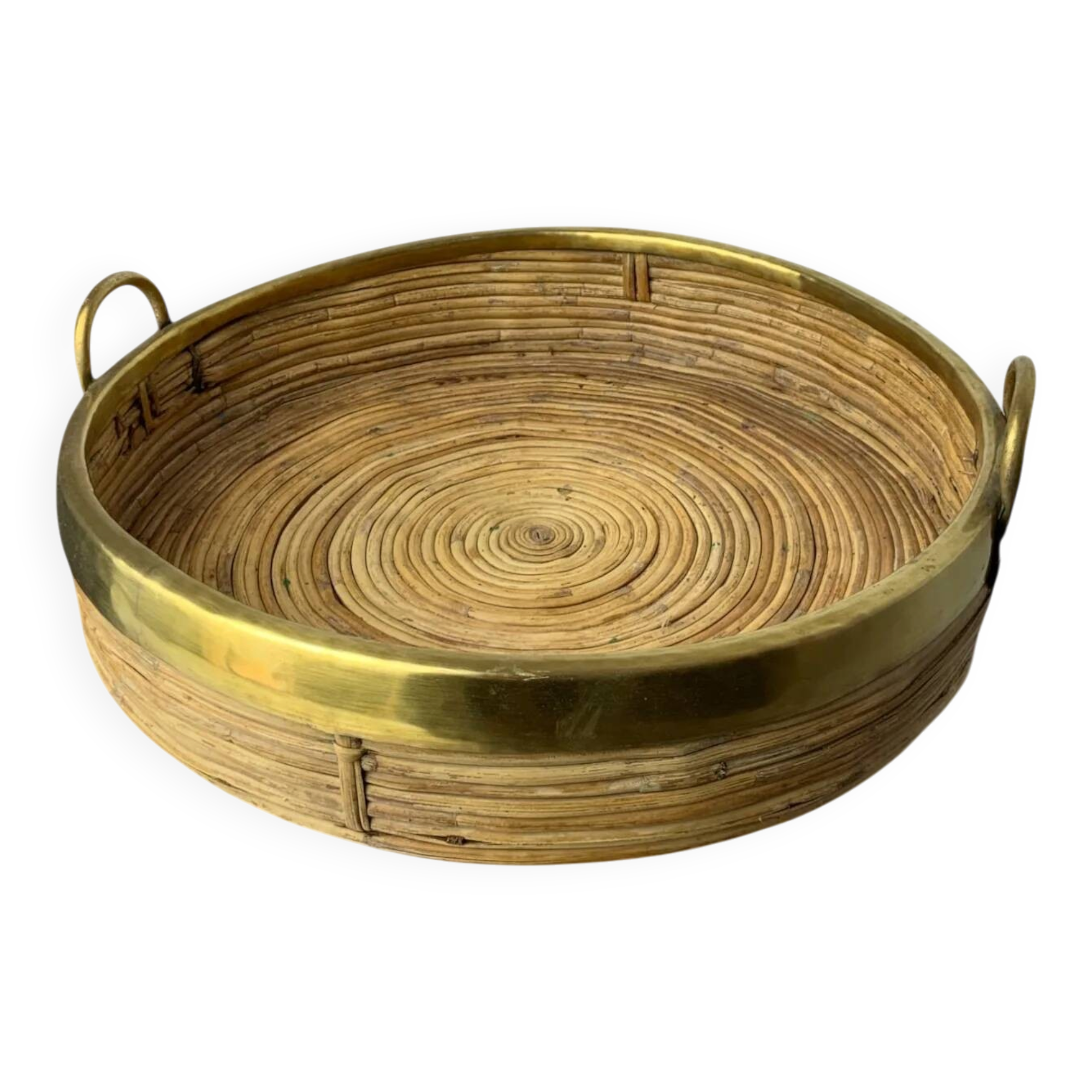 Circular rattan and brass tray, Italy, circa 1970s