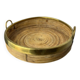 Circular rattan and brass tray, Italy, circa 1970s