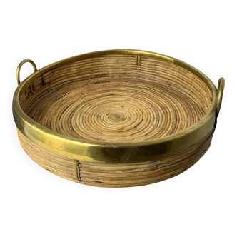 Circular rattan and brass tray, Italy, circa 1970s