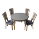 Extendable round table, 2 extensions, and 4 grey velvet chairs.